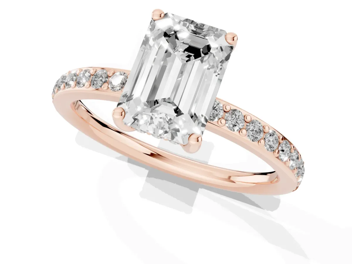 Emerald Cut Cut Diamond Pavé Band Ring with Four-Prong Setting Rose gold