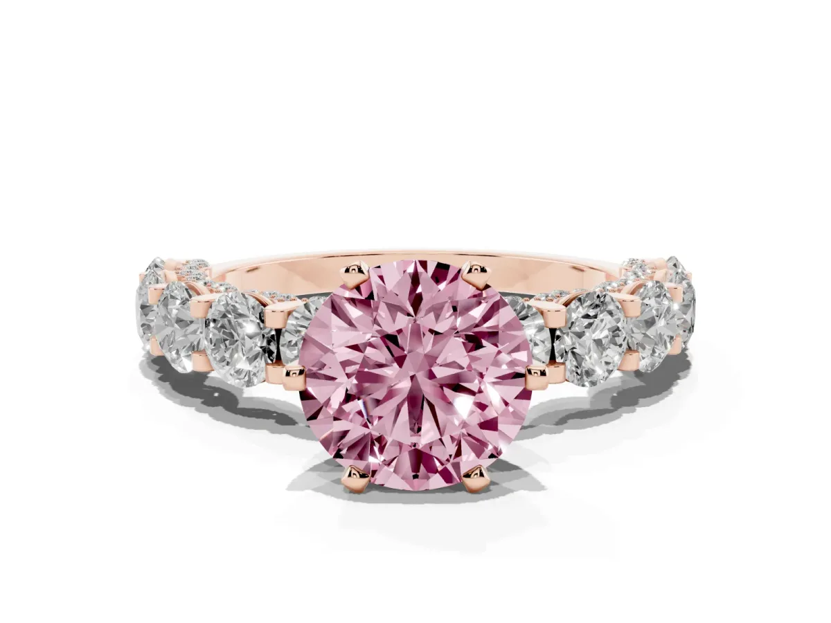Fancy Pink Round Cut Diamond Side Stone Engagement Ring with Four-Prong Setting Rose gold