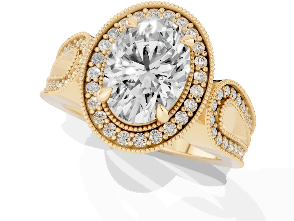 Oval Cut Halo Split Shank Milgrain Diamond Ring Yellow gold