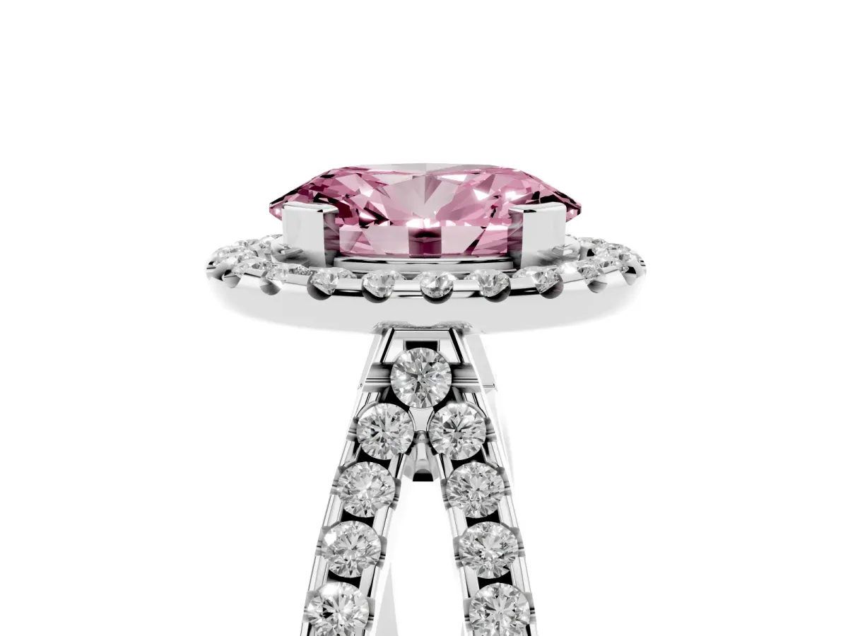 Fancy Pink Oval Cut Diamond Halo Ring with Split Shank Pavé Band and Prong Setting Silver