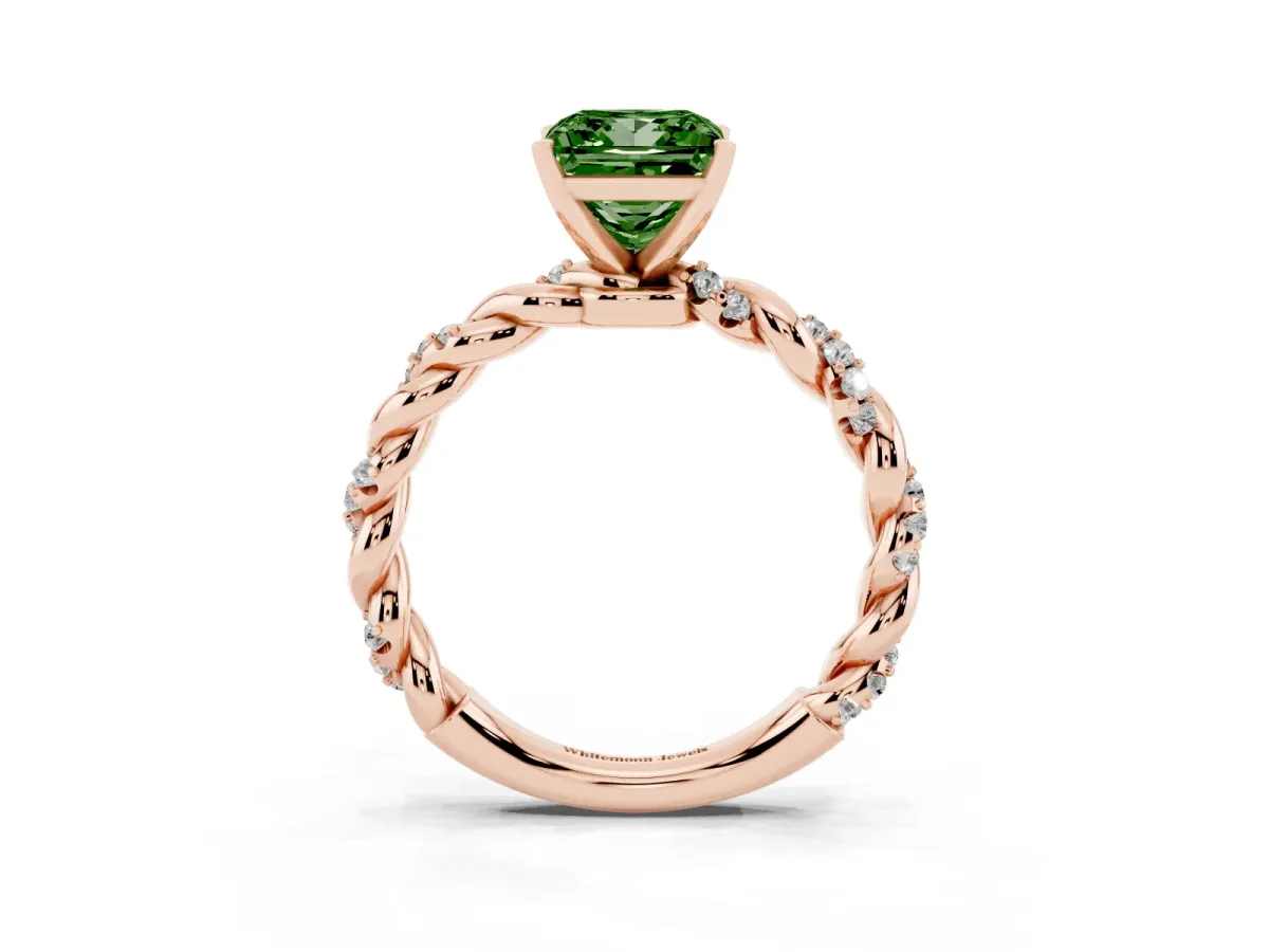 Fancy Green Princess Cut Diamond Solitaire Ring with Twisted Band and Pavé Accents Rose gold