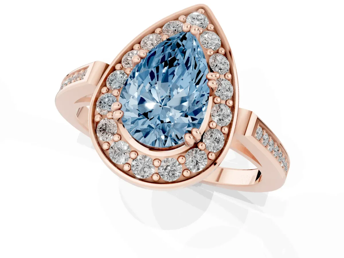Fancy Blue Pear Cut Diamond Halo Ring with Split Shank and Four-Prong Setting Rose gold