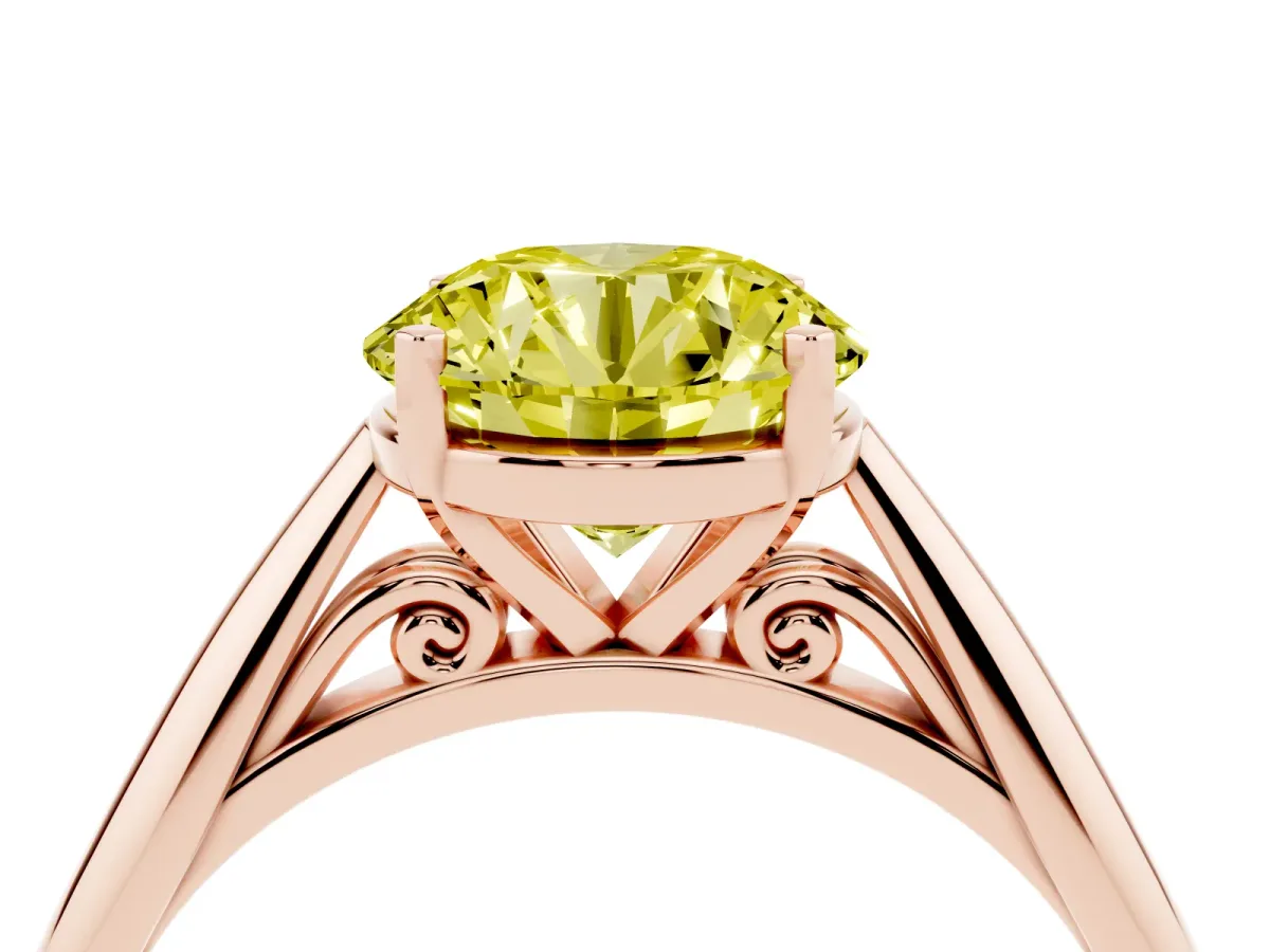 Fancy Yellow Round Cut Diamond Solitaire Engagement Ring with Cathedral Setting and Four-Prong Mount Rose gold