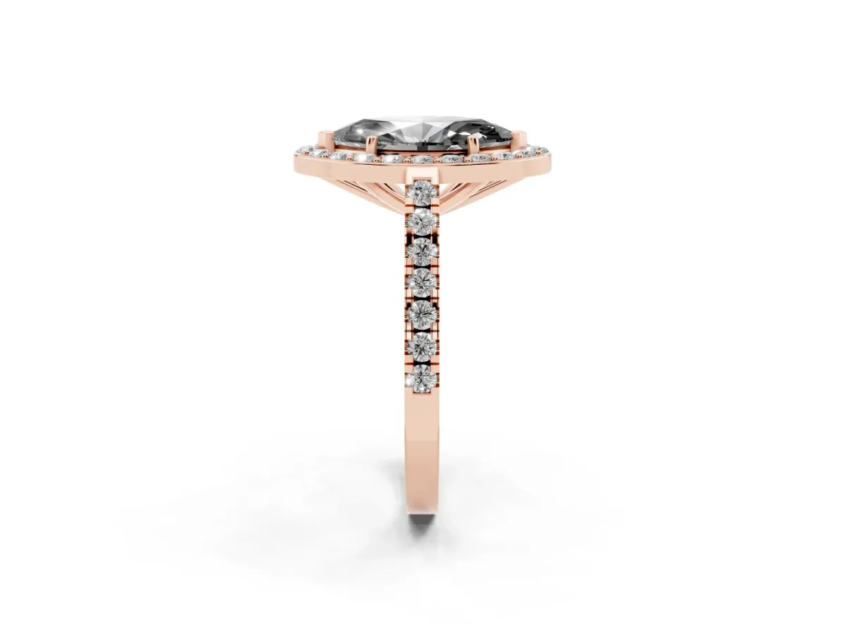 Fancy Black Marquise Cut Diamond Halo Ring with Round Pavé Split Shank and Prong Setting Rose gold