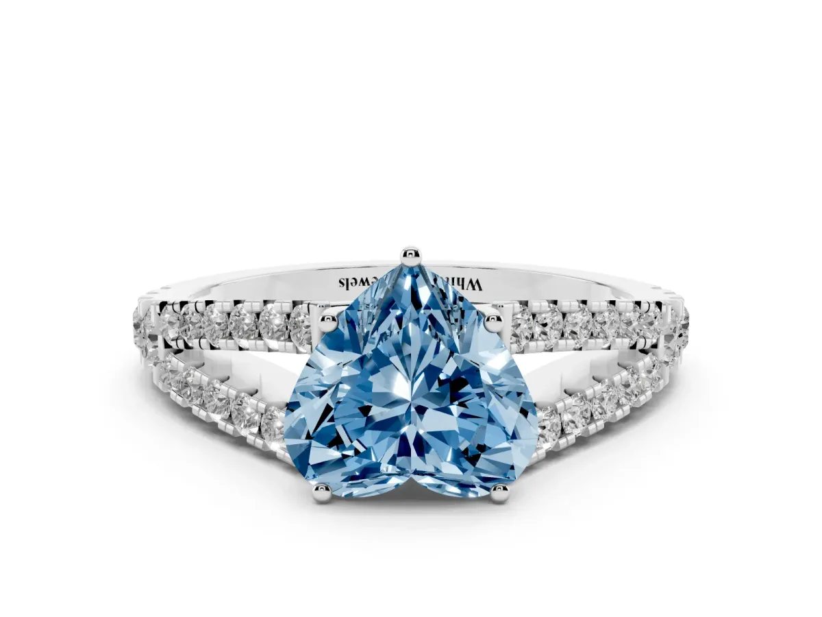 Fancy Blue Heart Cut Diamond Split Shank Engagement Ring with Round Pavé and Prong Setting Platinum