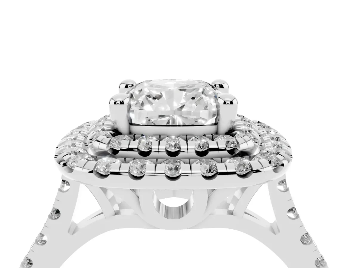 Double Halo Cushion Cut Diamond Pavé Band with Four-Prong Setting Silver