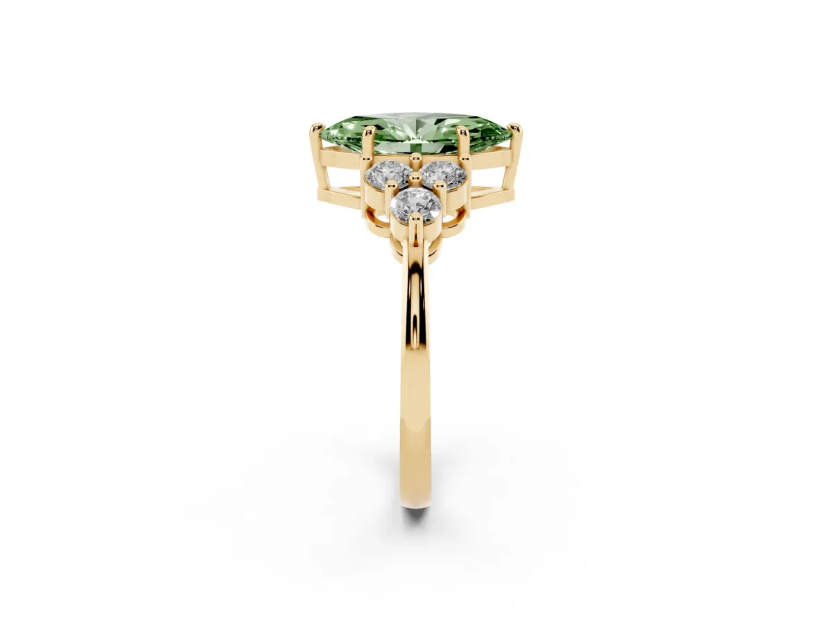 Fancy Green Marquise Cut Brilliant Diamond Cluster Accent Solitaire Ring with Prong Setting Yellow gold