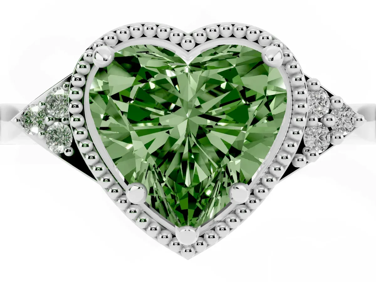 Fancy Green Milgrain Heart Cut Cut Diamond Ring with Tapered Pave Band and Four Prong Setting Platinum