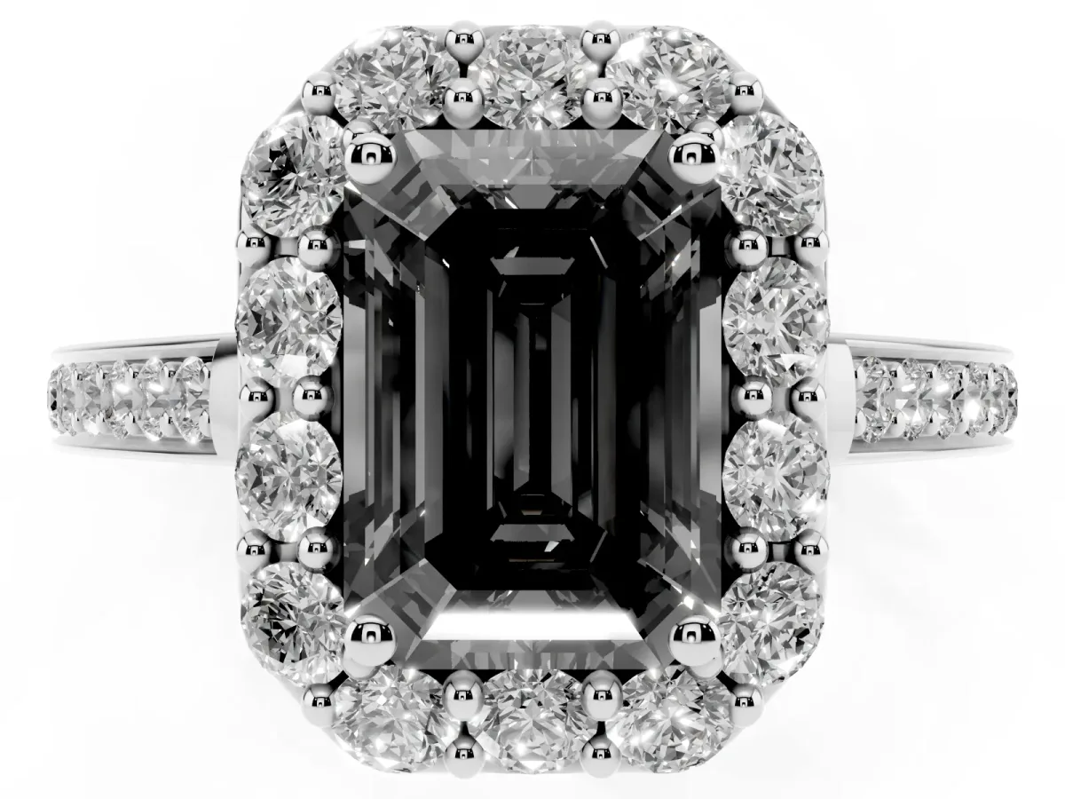 Fancy Black Emerald Cut Diamond Floral Halo Ring with Pavé Band and Prong Setting White gold