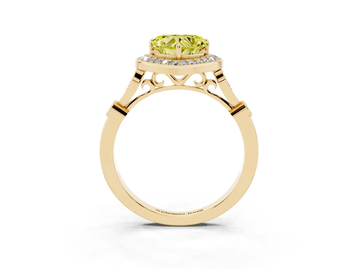 Fancy Yellow Heart Cut Halo Diamond Engagement Ring with Twisted Band and Four-Prong Setting Yellow gold