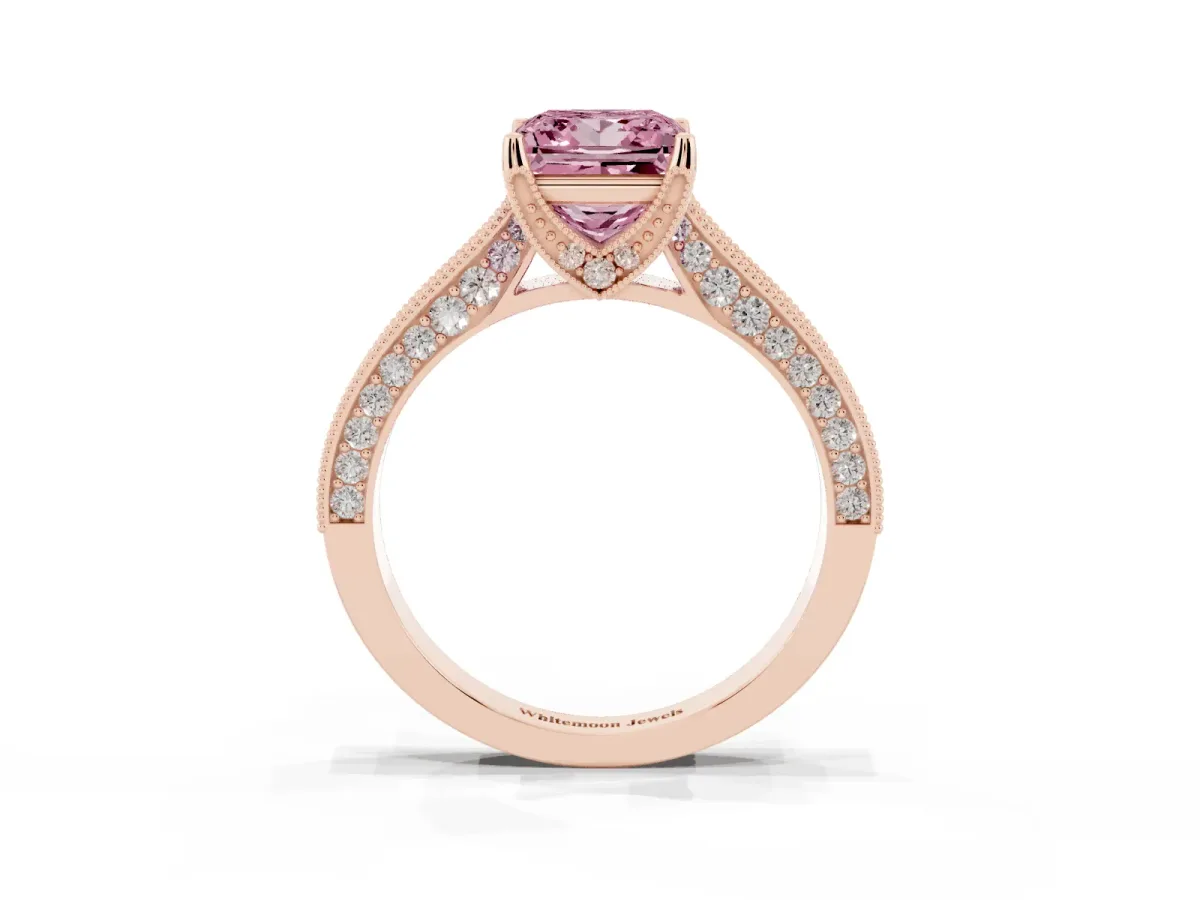 Fancy Pink Princess Cut Cut Diamond Solitaire Ring with Milgrain Pave Band and Four Prong Setting Rose gold