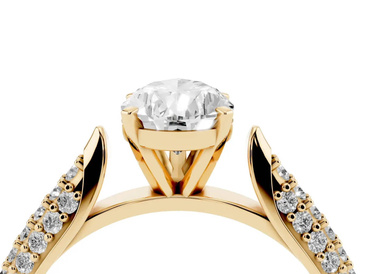 Pear Cut Diamond Solitaire Engagement Ring with Multi-Row Round Pavé Band and Prong Setting Yellow gold