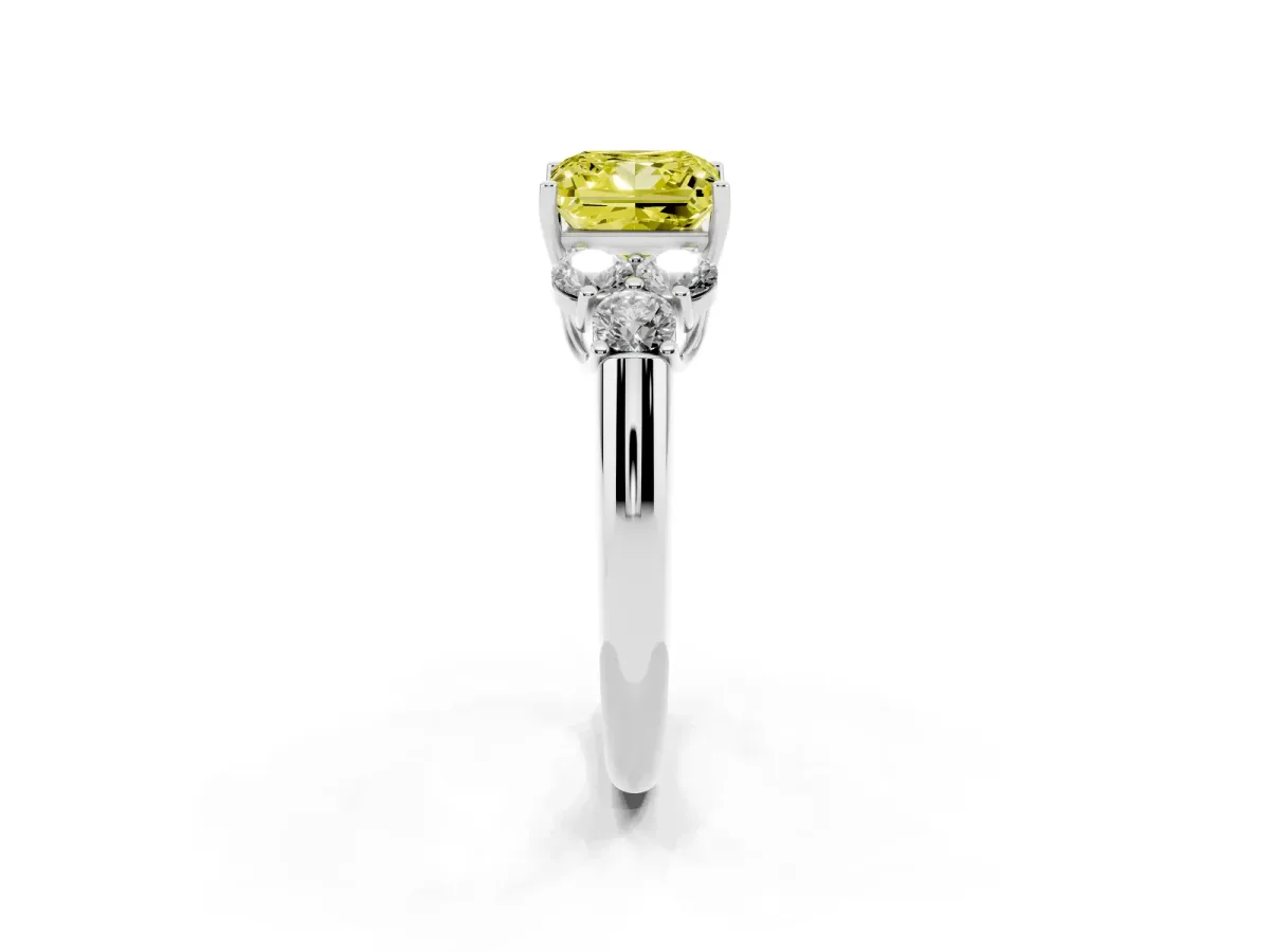 Fancy Yellow Princess Cut Cut Diamond Cluster Ring with Round Accent Stones and Prong Setting on a Classic Band White gold