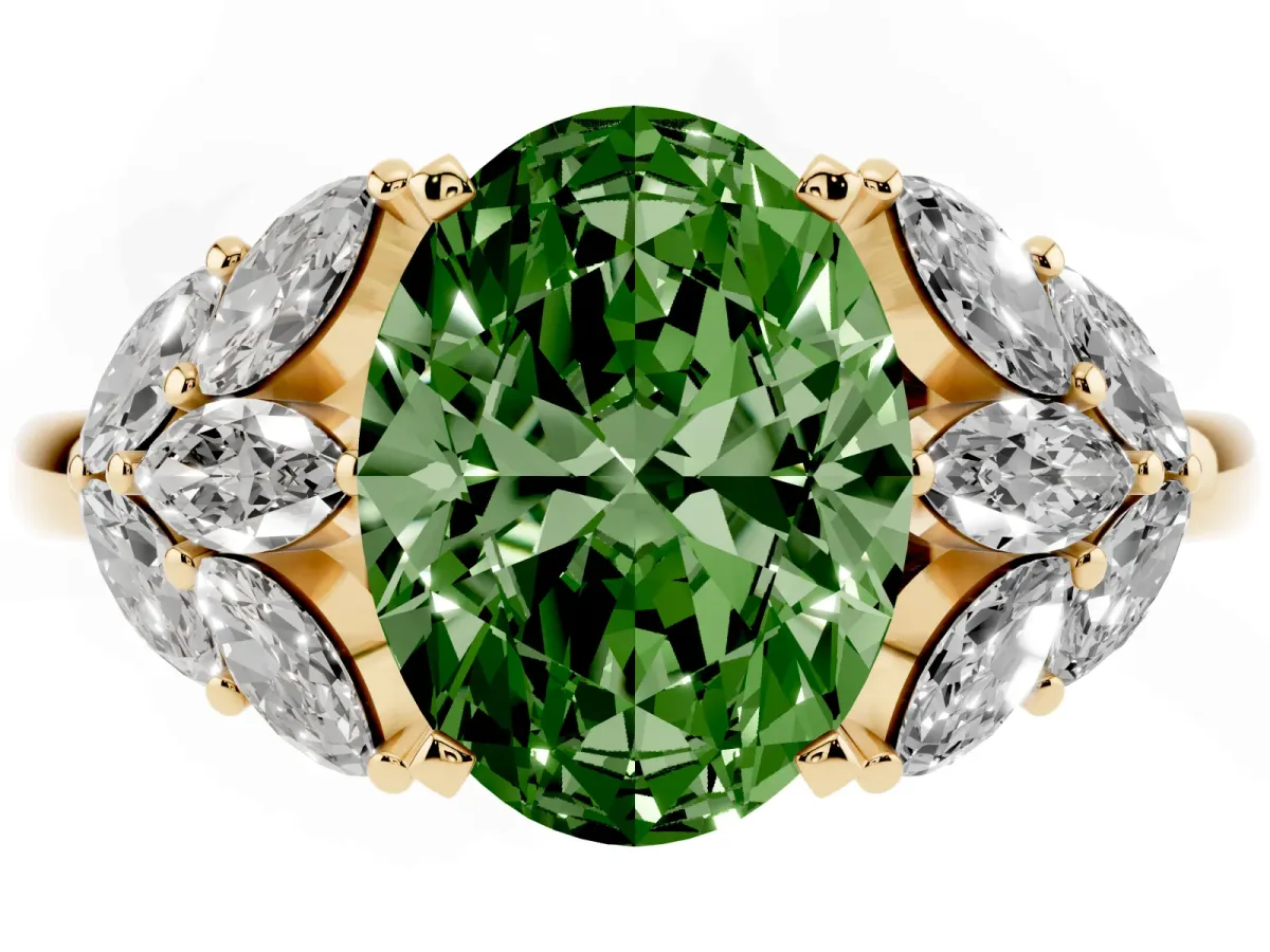 Fancy Green Oval Cut Diamond Cluster Leaf Design Ring with Prong Setting Yellow gold