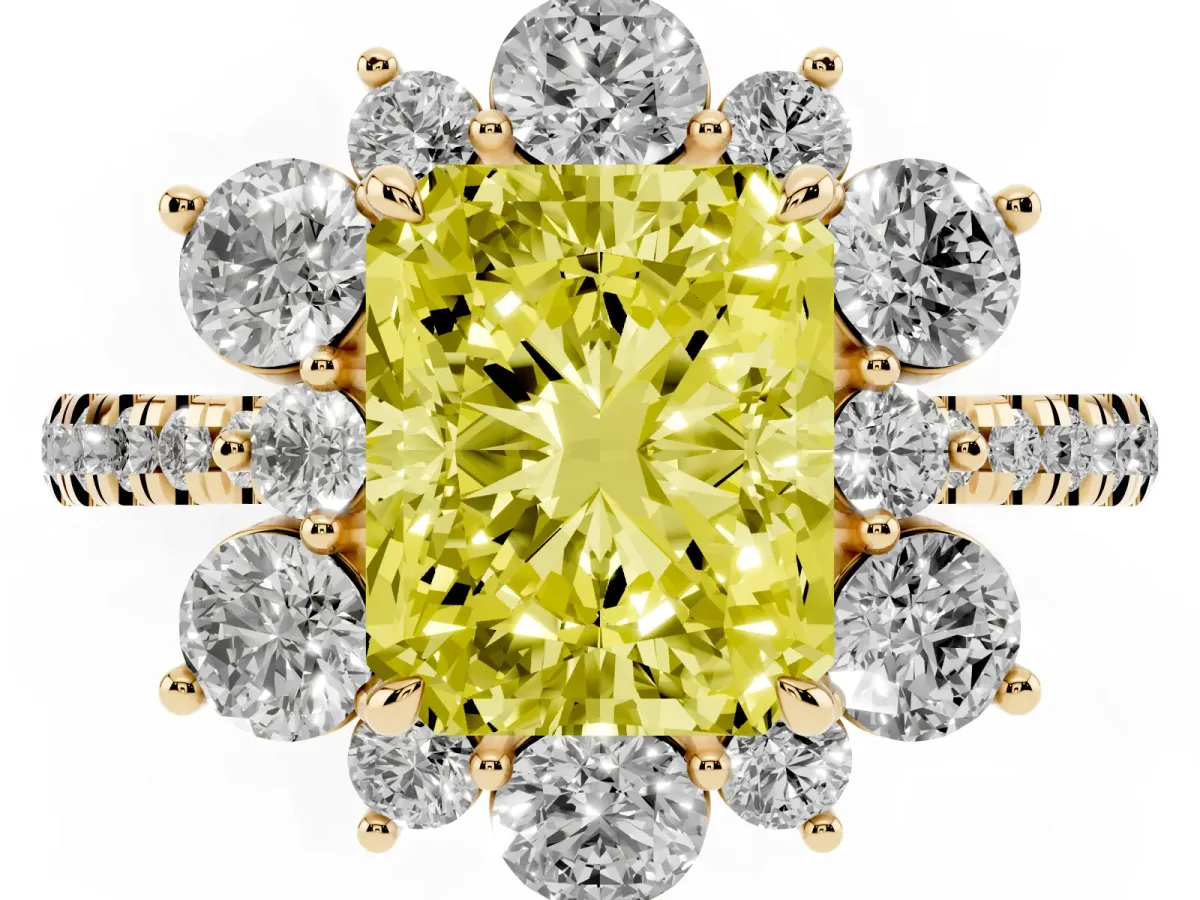Fancy Yellow Radiant Cut Diamond Floral Halo Ring with Round Pavé Band and Prong Setting Yellow gold