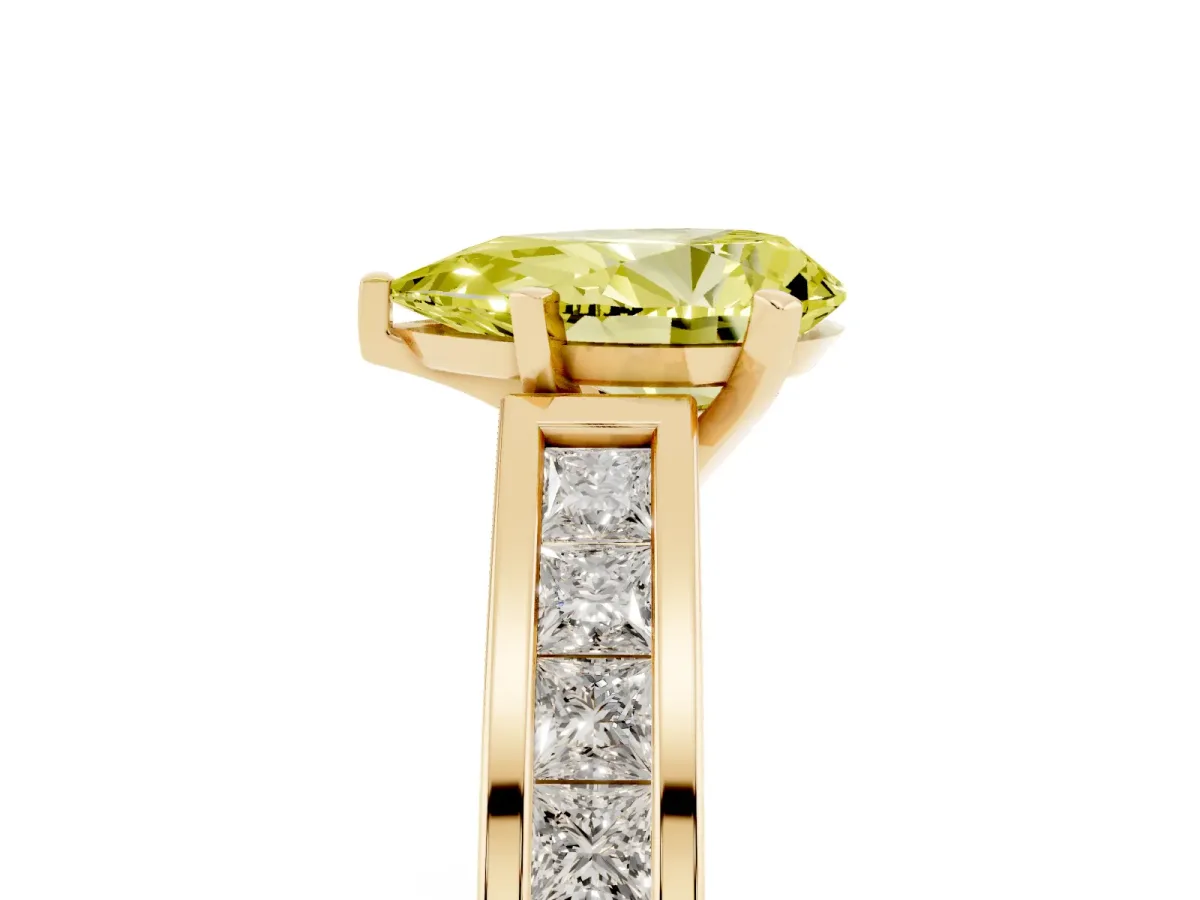Fancy Yellow Pear Cut Solitaire Diamond Ring with Channel-Set Band and Four-Prong Setting Yellow gold