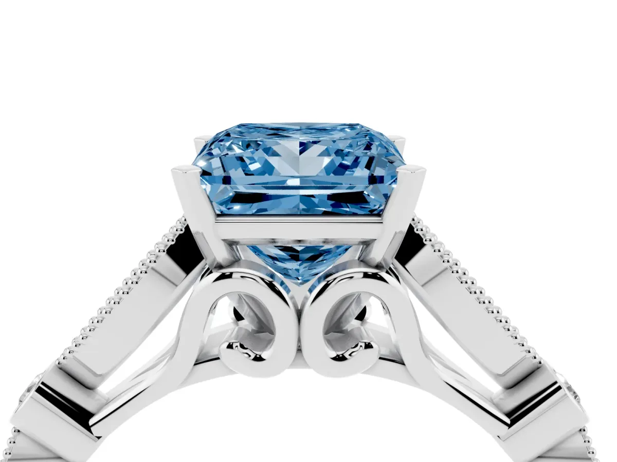 Fancy Blue Princess Cut Cut Diamond with Milgrain Marquise and Bezel Accents on a Solitaire Band with Prong Setting Silver