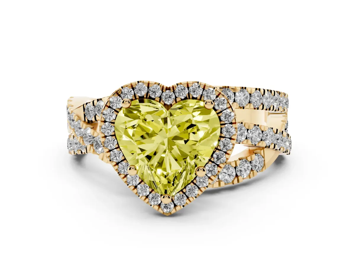 Fancy Yellow Heart Cut Diamond Halo Ring with Round Split Shank and Prong Setting Yellow gold