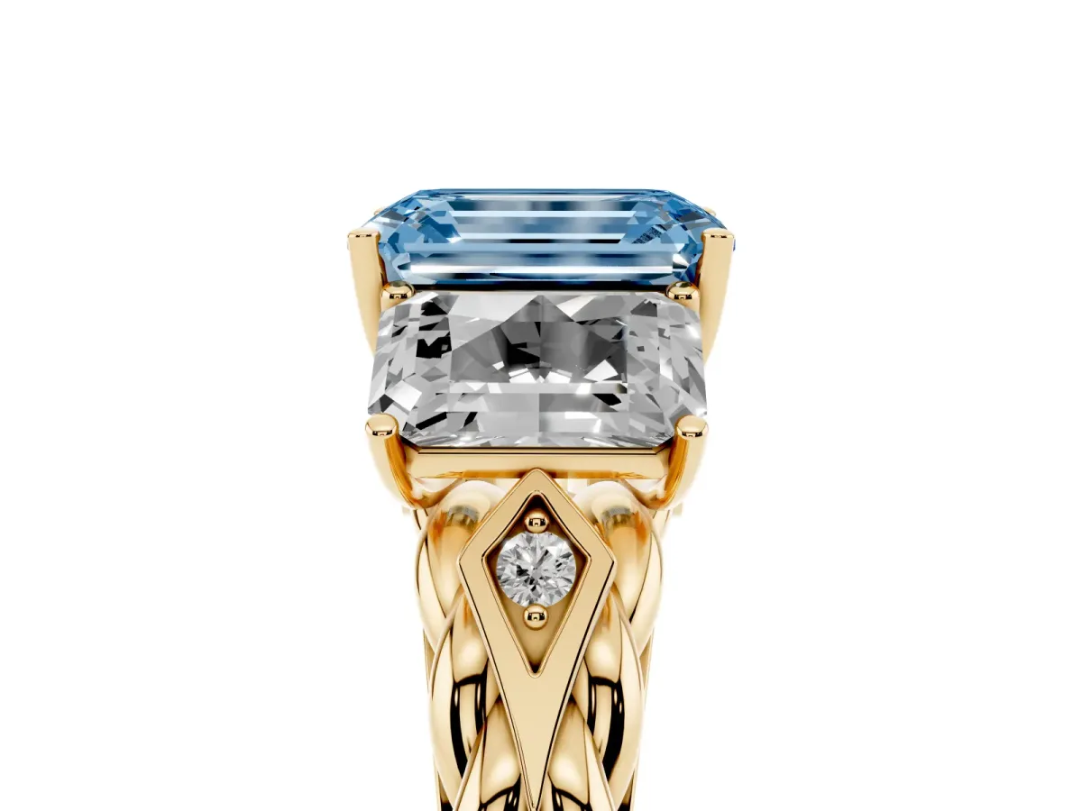 Fancy Blue Three-Stone Emerald Cut Diamond Braided Band Ring with Four-Prong Setting Yellow gold