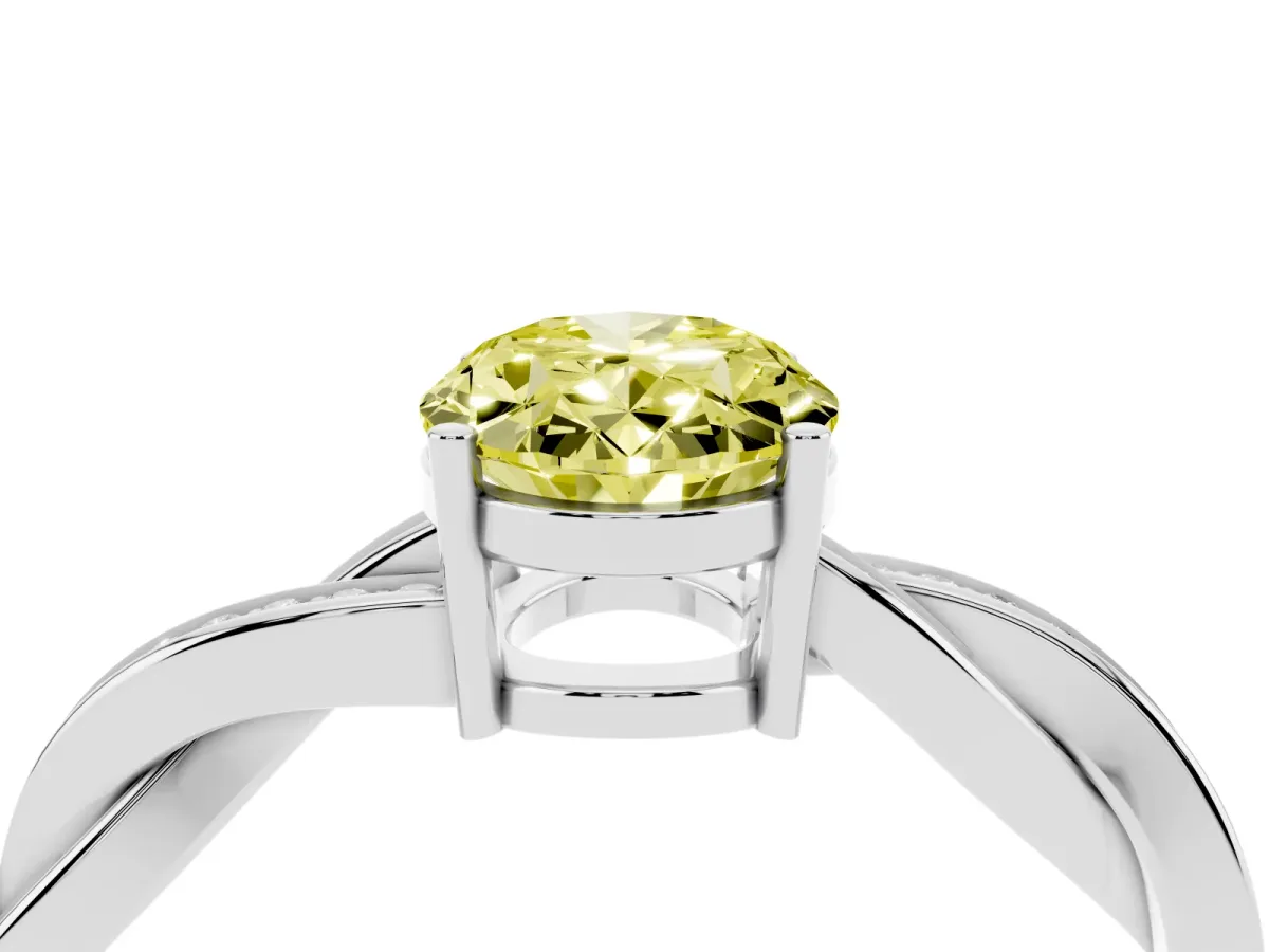 Fancy Yellow Oval Cut Solitaire Twisted Pave Diamond Ring with Four-Prong Setting White gold