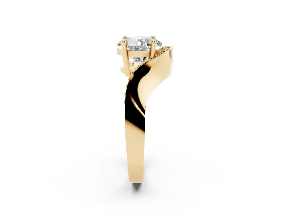 Cushion Cut Solitaire Diamond Engagement Ring with Pave Band and Four-Prong Setting Yellow gold