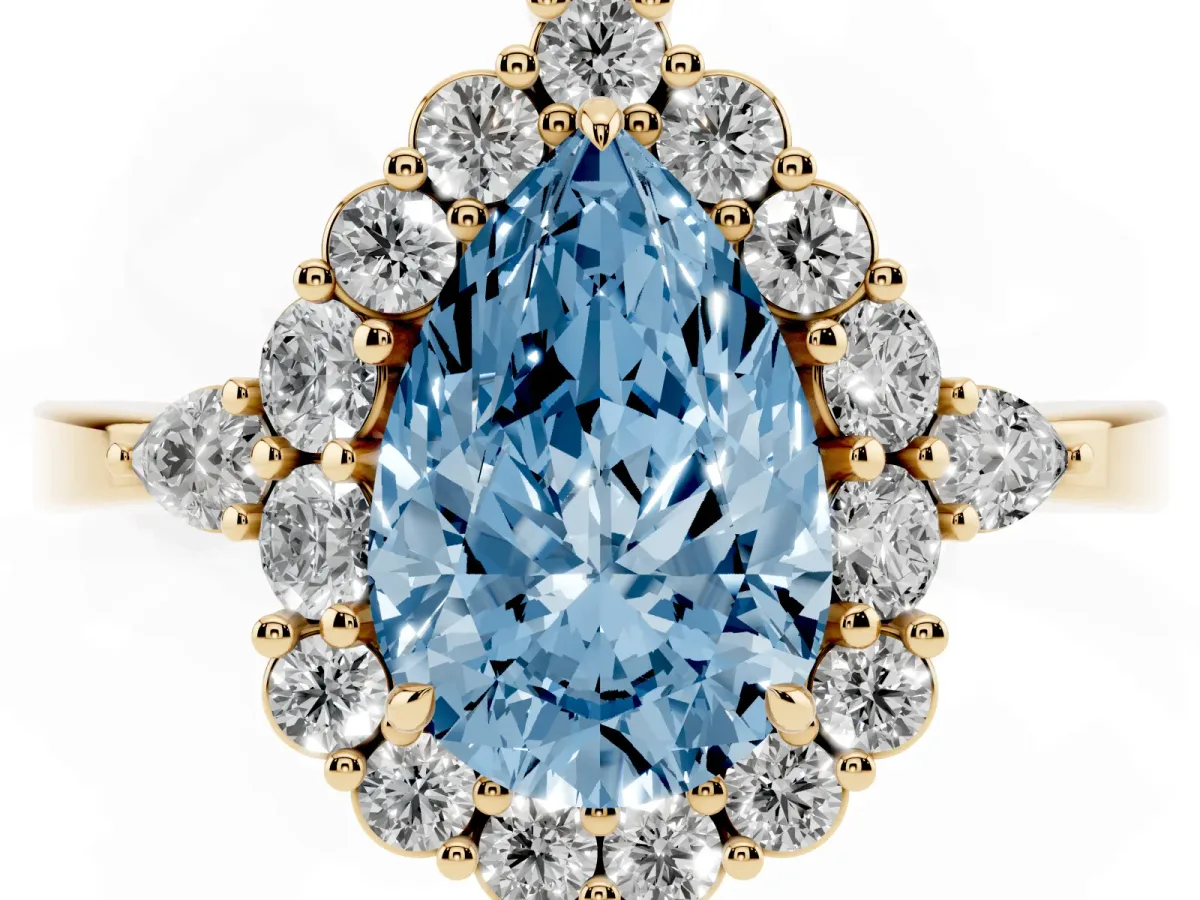 Fancy Blue Pear Cut Diamond Halo Ring with Pear Side Stones and Prong Setting Yellow gold