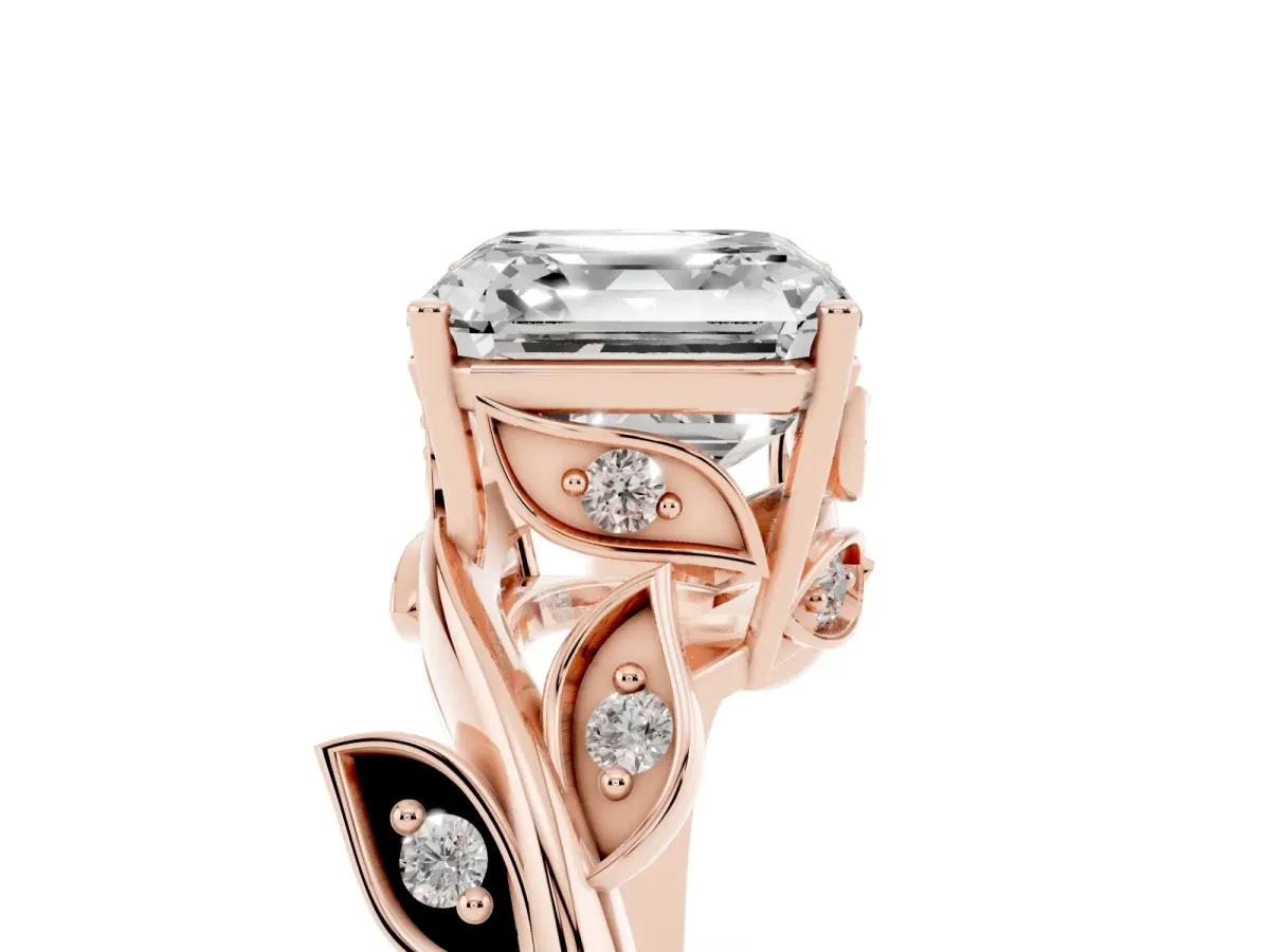 Asscher Cut Solitaire Twist Engagement Ring with Leaf Accents and Prong Setting Rose gold