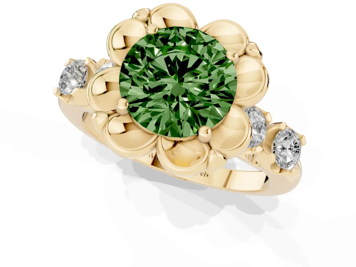 Fancy Green Round Cut Cut Diamond Floral Halo Engagement Ring with Shared Prong Setting Yellow gold
