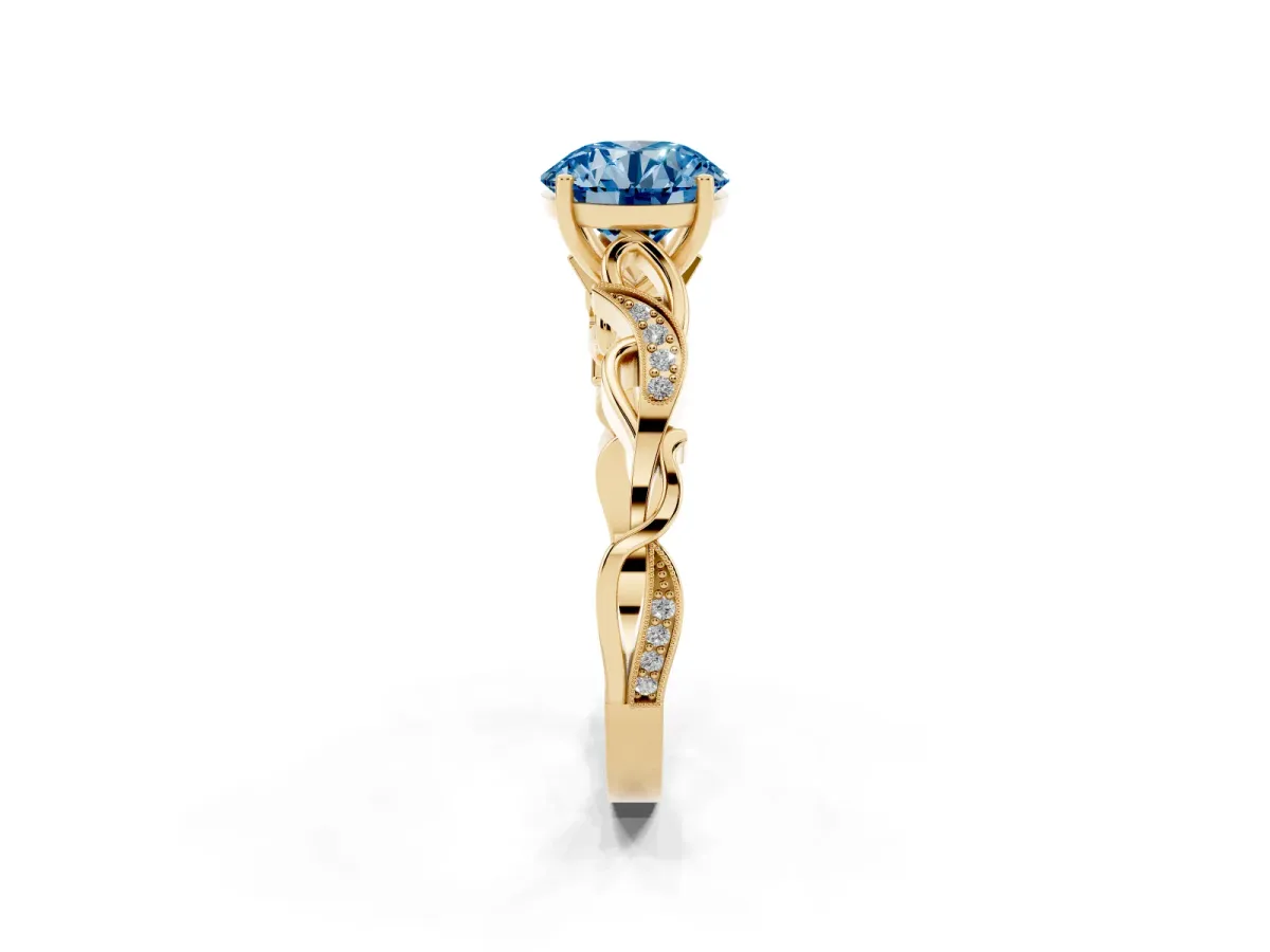 Fancy Blue Round Cut Solitaire Vine Band with Milgrain Prong Setting Yellow gold