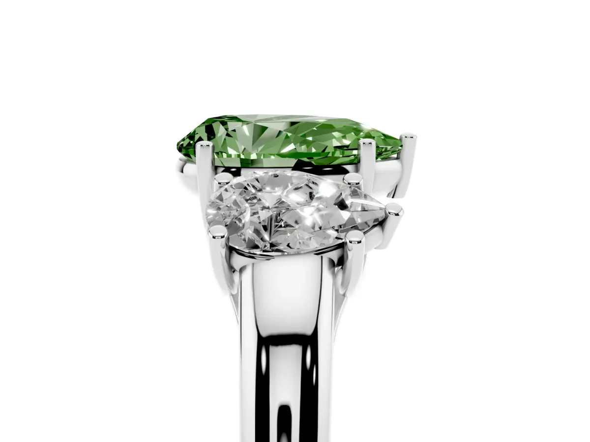 Fancy Green Three-Stone Pear Cut Diamond Engagement Ring with Prong Setting Platinum