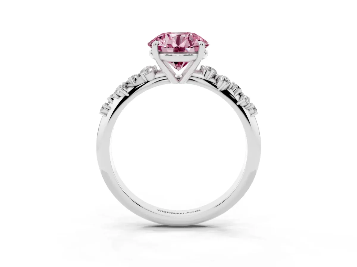 Fancy Pink Round Cut Diamond Cluster Side Stone Solitaire Ring with Prong Setting Silver