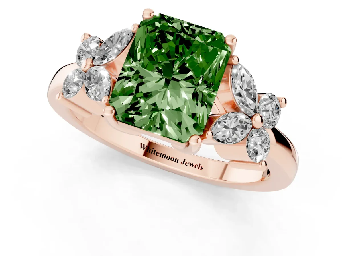 Fancy Green Radiant Cut Diamond Floral Cluster Ring with Solitaire Band and Prong Setting Rose gold