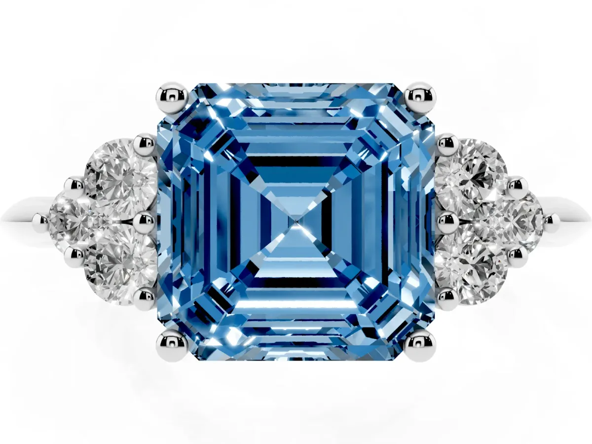 Fancy Blue Asscher Cut Cut Diamond Cluster Ring with Solitaire Band and Four-Prong Setting Silver