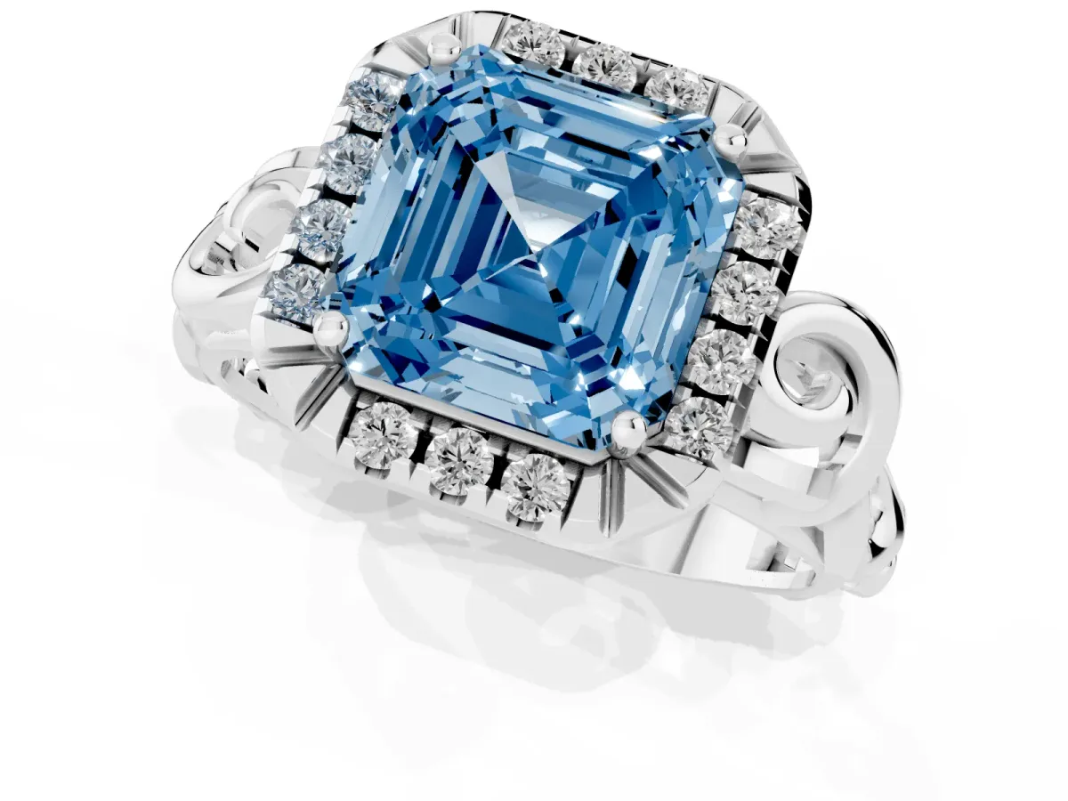 Fancy Blue Asscher Cut Cut Halo Diamond Ring with Scrollwork Band and Four-Prong Setting Silver