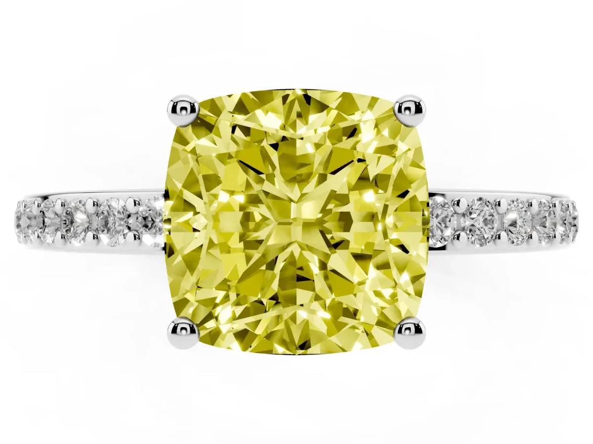 Fancy Yellow Cushion Cut Cut Diamond Pavé Band Ring with Four-Prong Setting Silver