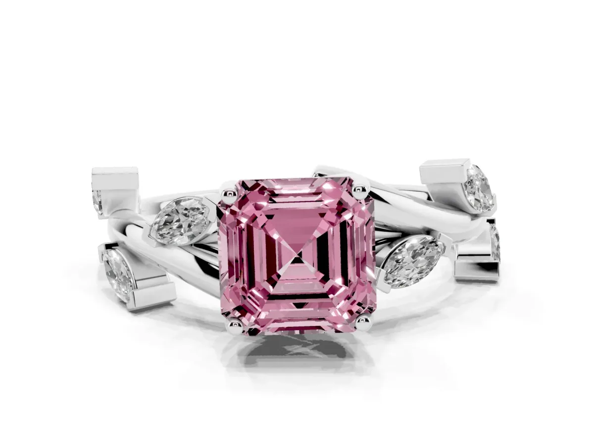 Fancy Pink Asscher Cut Solitaire Twisted Band Marquise Accent Prong Setting Ring Silver