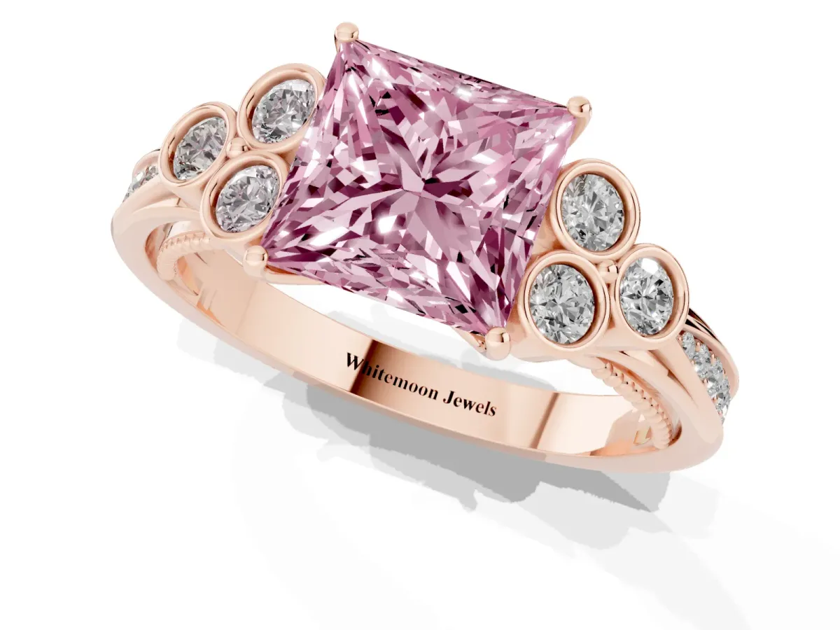 Fancy Pink Princess Cut Cut Diamond Engagement Ring with Bezel Set Round Side Stones and Prong Setting Rose gold