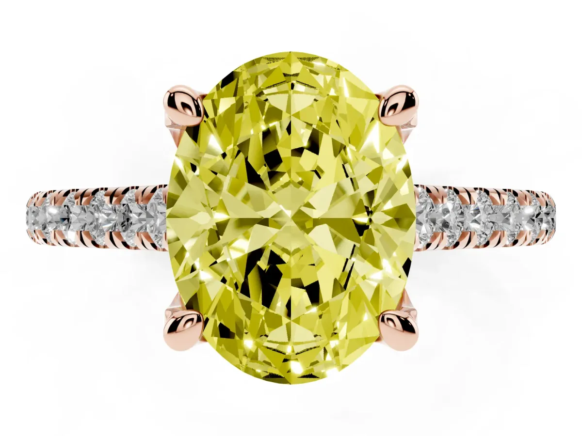 Fancy Yellow Oval Cut Brilliant Diamond Solitaire with Pavé Band and Four-Prong Setting Rose gold