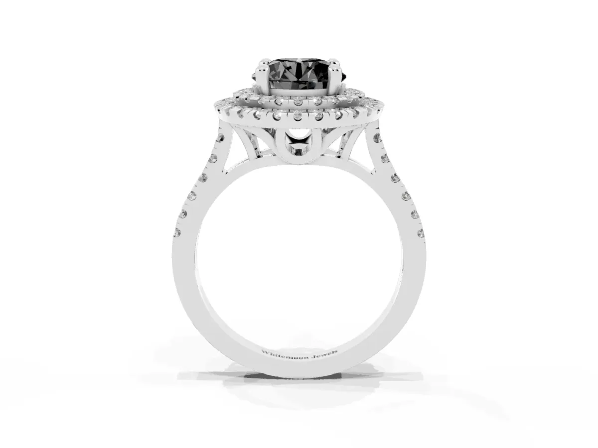 Fancy Black Double Halo Round Cut Diamond Pavé Band with Four-Prong Setting Silver
