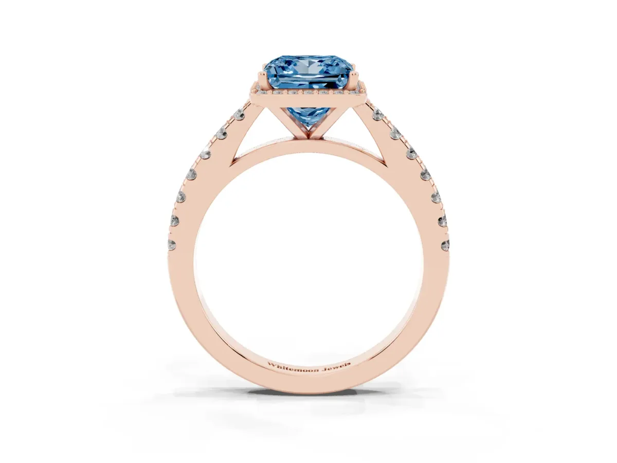 Fancy Blue Princess Cut Cut Halo Diamond Engagement Ring with Pave Band and Four-Prong Setting Rose gold