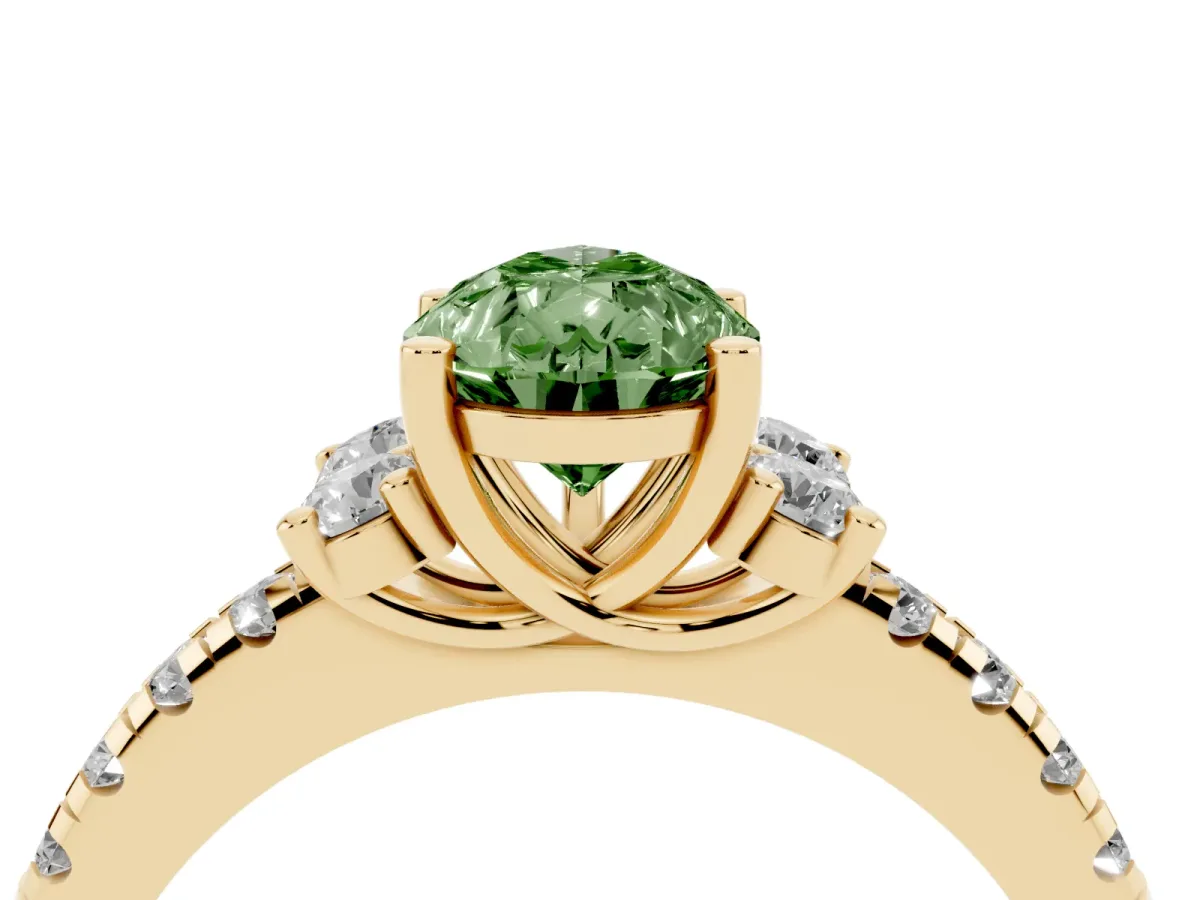Fancy Green Pear Cut Diamond Three-Stone Pave Band with Four-Prong Setting Yellow gold