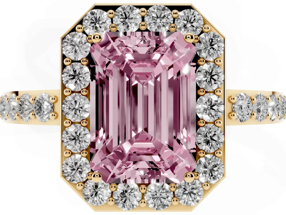 Fancy Pink Emerald Cut Halo Diamond Pavé Band Ring with Prong Setting Yellow gold