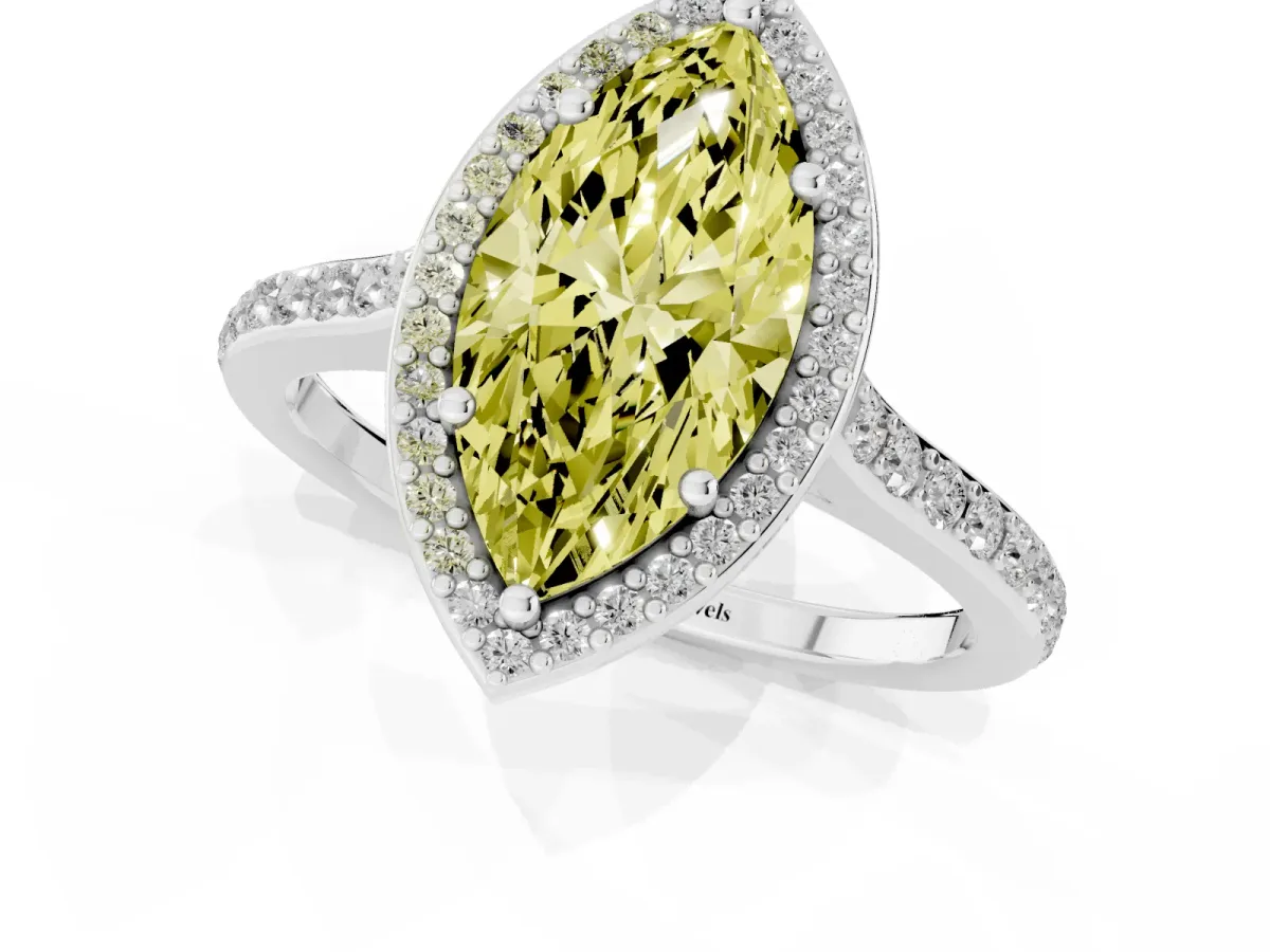 Fancy Yellow Marquise Cut Diamond Halo Engagement Ring with Round Pavé Shoulders and Prong Setting White gold