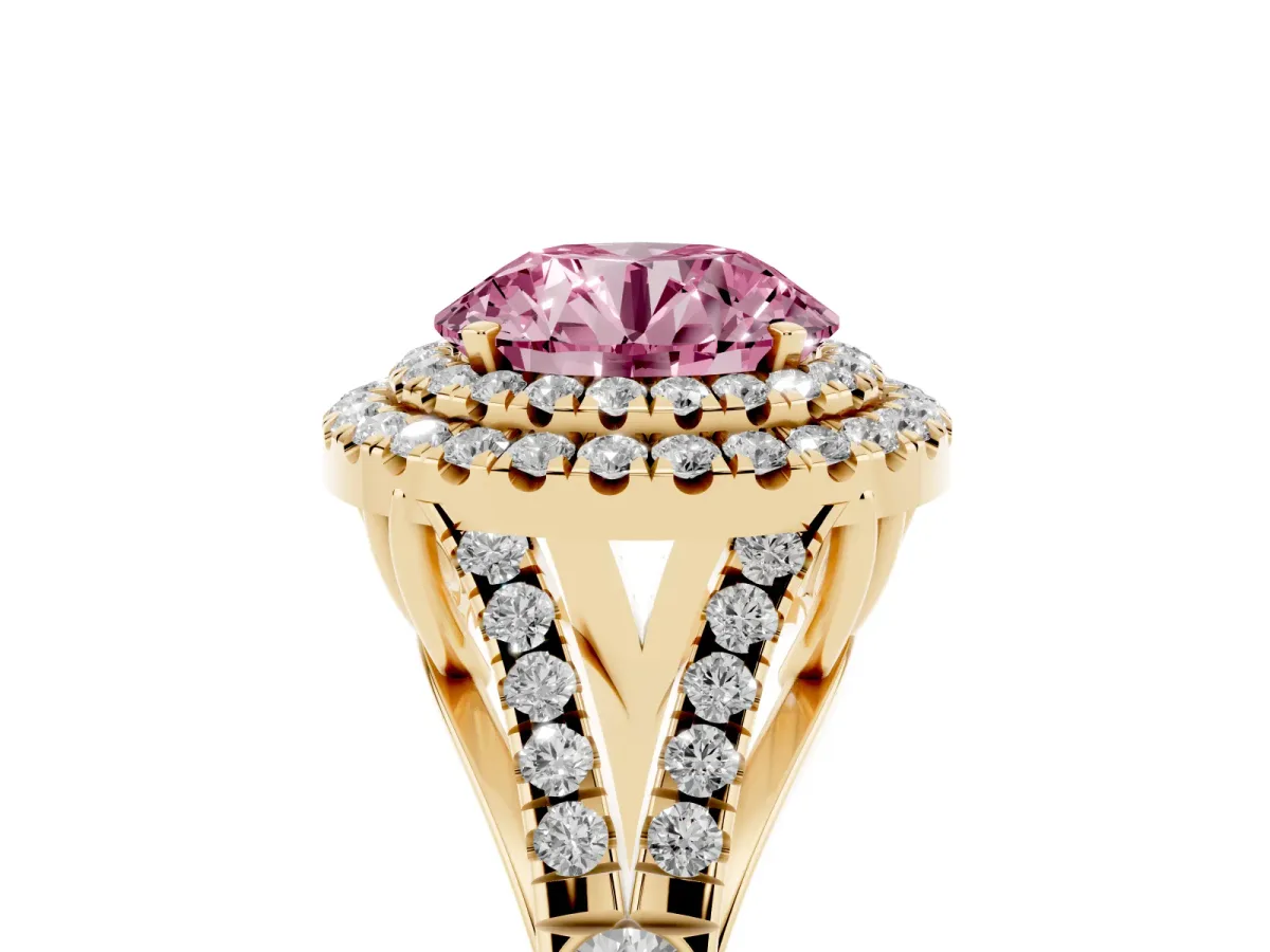 Fancy Pink Double Halo Round Cut Diamond Split Shank Engagement Ring with Four-Prong Setting Yellow gold