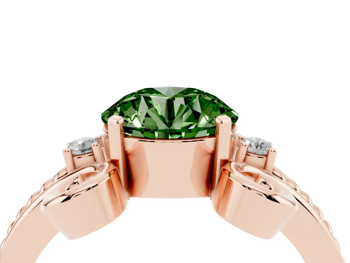 Fancy Green Round Cut Solitaire Twisted Band Scroll Prong Ring Rose gold