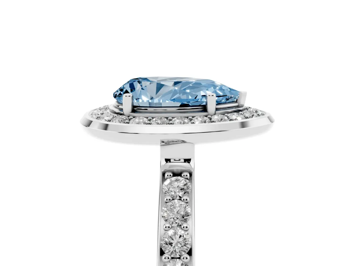 Fancy Blue Pear Cut Diamond Halo Ring with Bezel Frame and Pavé Band Silver