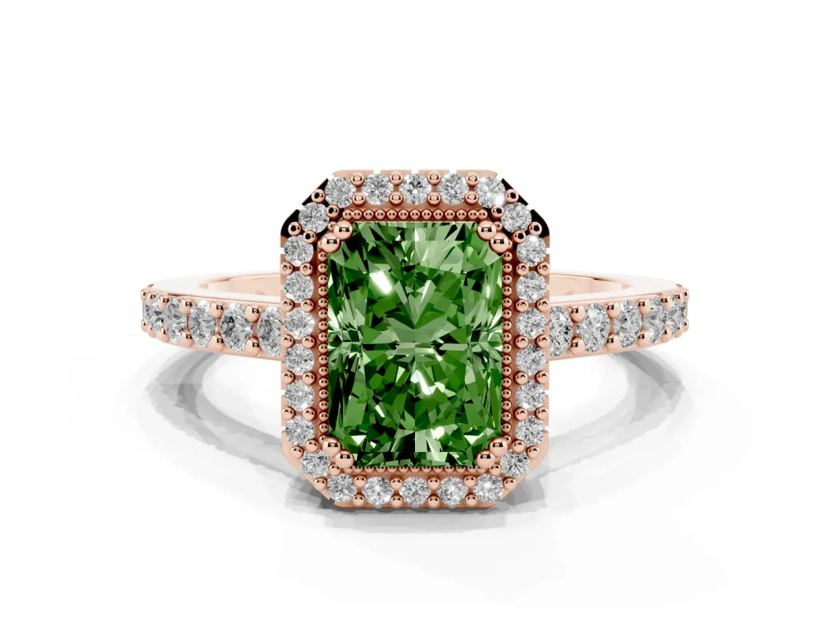 Fancy Green Radiant Cut Cut Diamond Halo Engagement Ring with Milgrain Detail and Pavé Band Rose gold