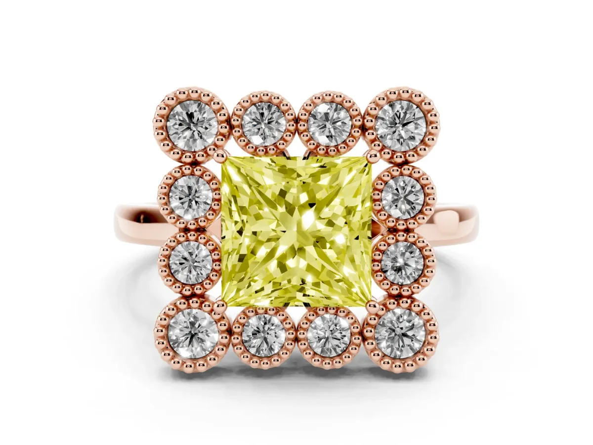 Fancy Yellow Princess Cut Halo Diamond Cluster Engagement Ring with Milgrain Bezel Setting and Solitaire Band Rose gold