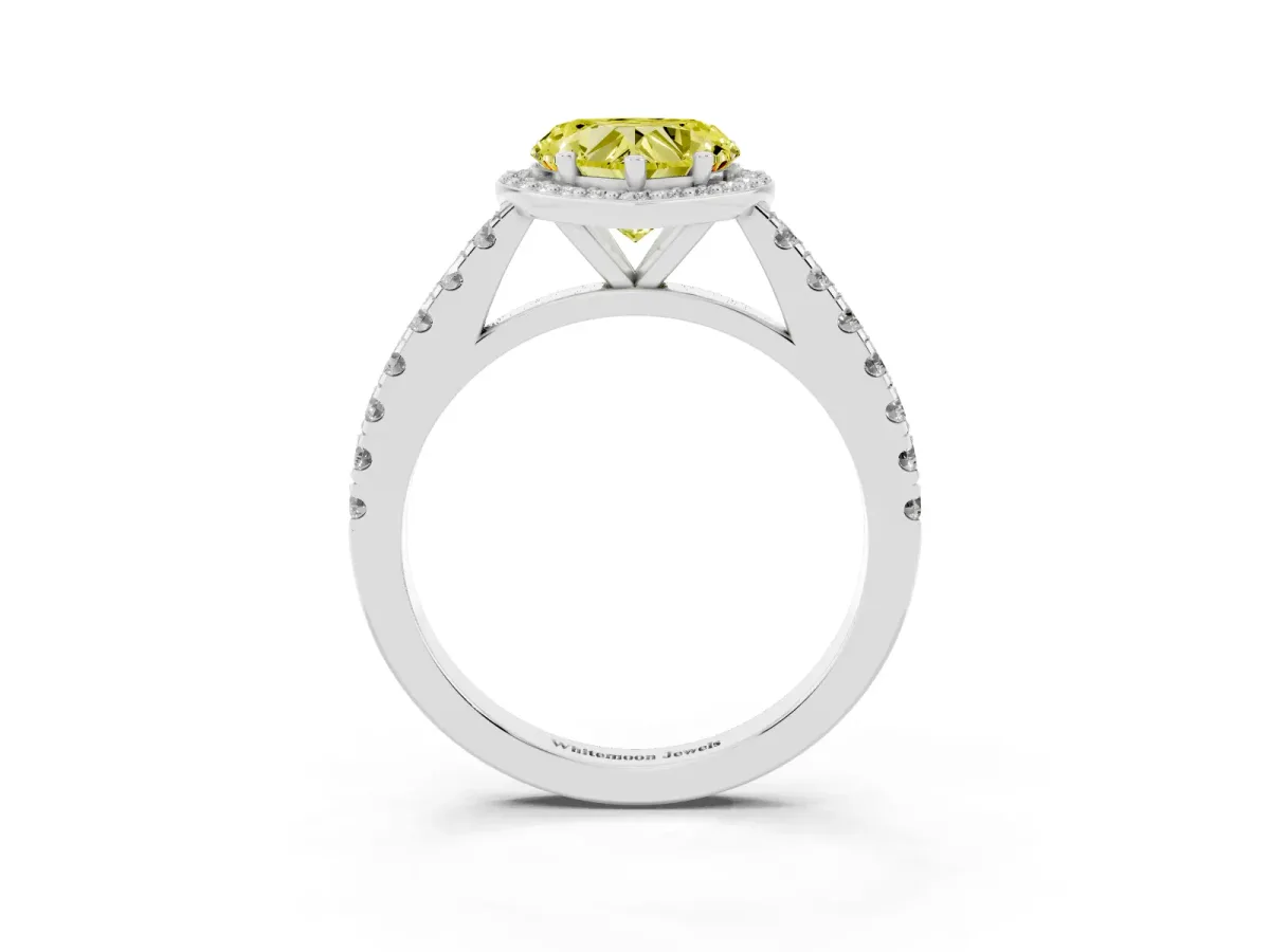 Fancy Yellow Heart Cut Cut Halo Diamond Engagement Ring with Pave Band and Four-Prong Setting Silver