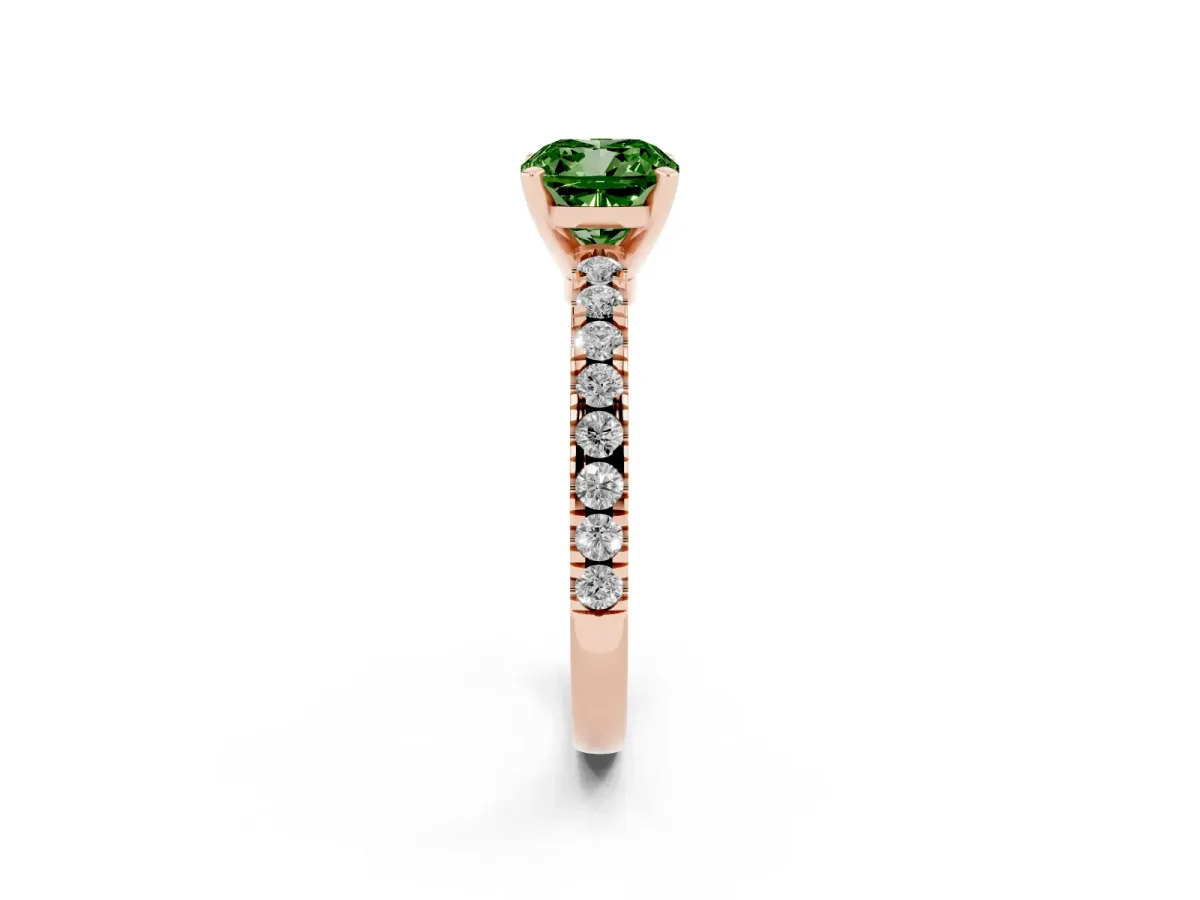 Fancy Green Cushion Cut Solitaire Diamond with Pavé Band and Four-Prong Setting Rose gold
